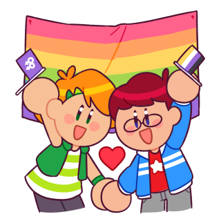 Apple and Orange holding hands and waving pride flags