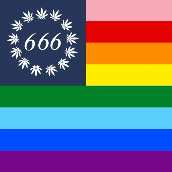 A gay pride flag that parodies the American flag. Instead of stars in the corner, there is a circle of pot leaves and the number 666.