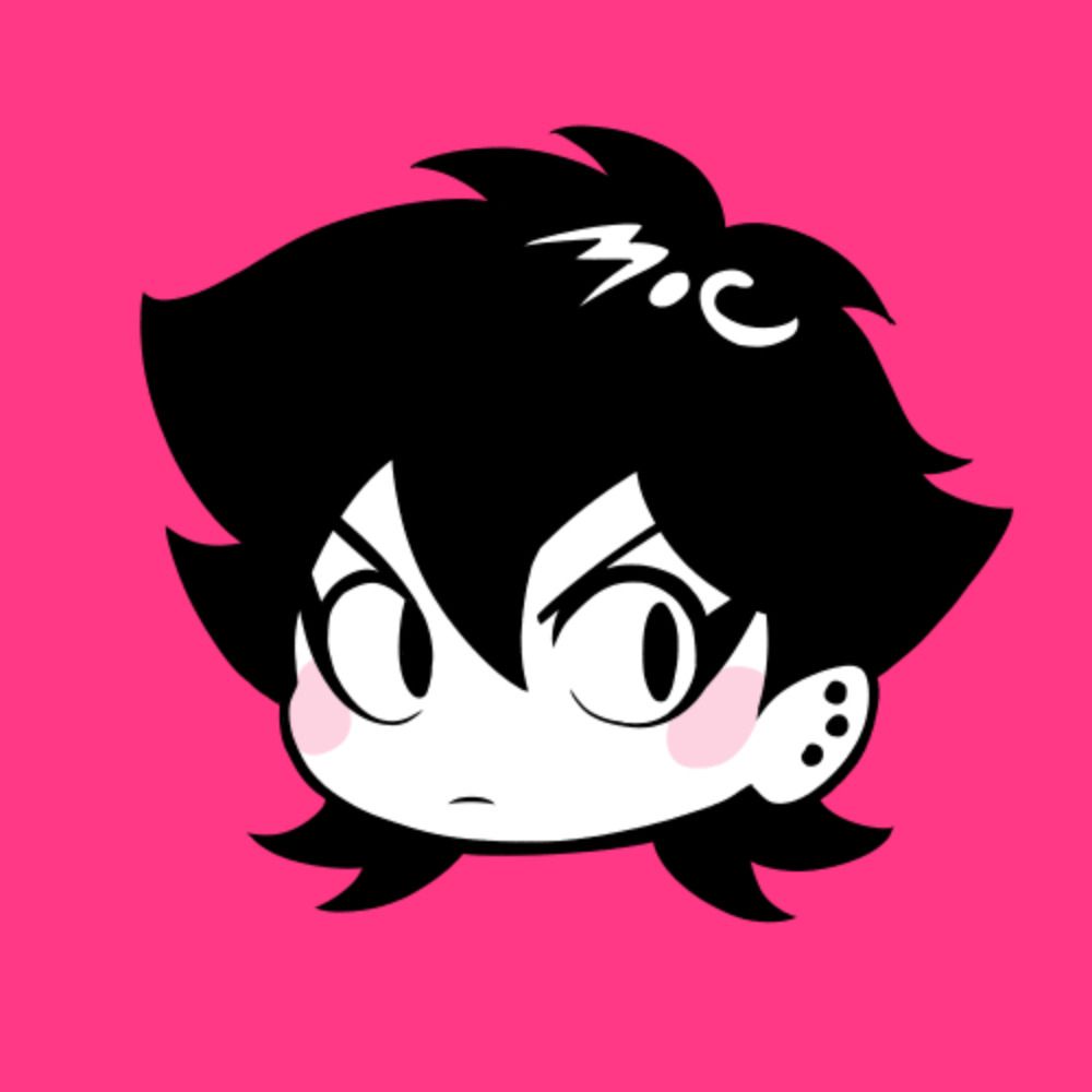 A little chibi drawing of Leo from Road Queen on a hot pink background