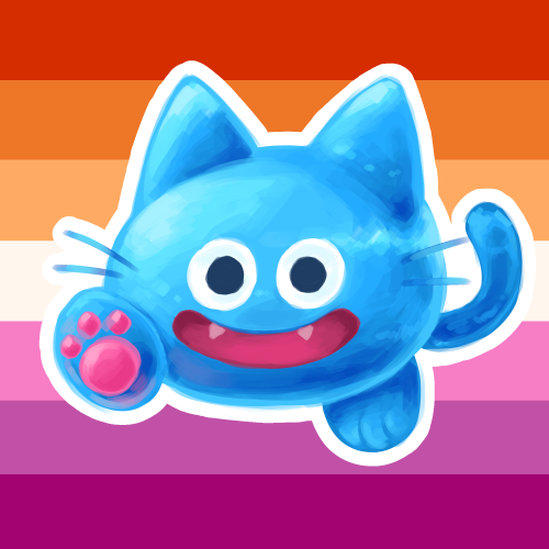 An illustration of a Dragon Quest slime with cat-like features, such as ears, whiskers, and little gummy paw pads.