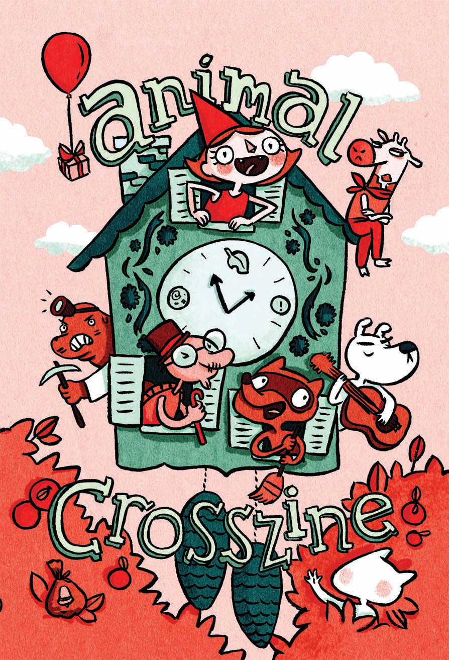 Red and green cover art featuring various Animal Crossing characters popping out of a cuckoo clock.