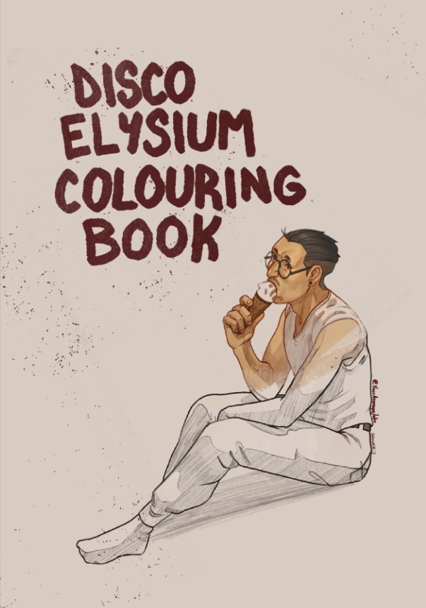 Cover for the Disco Elysium coloring book, featuring Kim eating ice cream