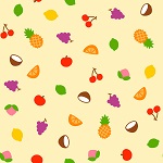 A tile featuring a variety of simple fruit drawings against a pale yellow background