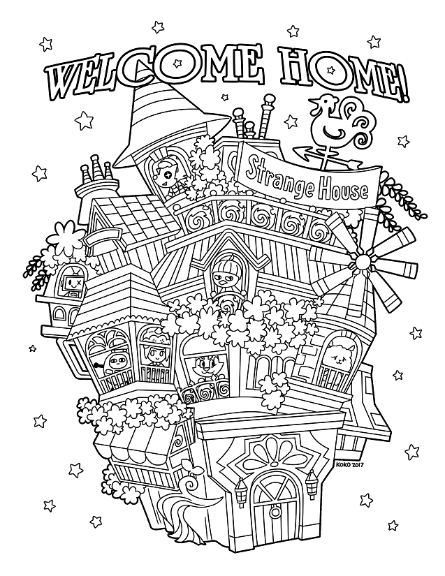 One of the coloring book pages, featuring a dormitory building that looks like several buildings patchworked together. Various characters from the game peer out the windows.