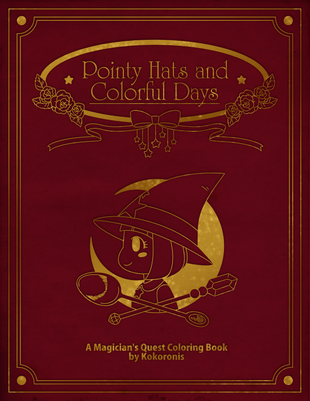 Cover for my Magician's Quest coloring book, featuring a witch girl and fancy gold accents against faux red leather