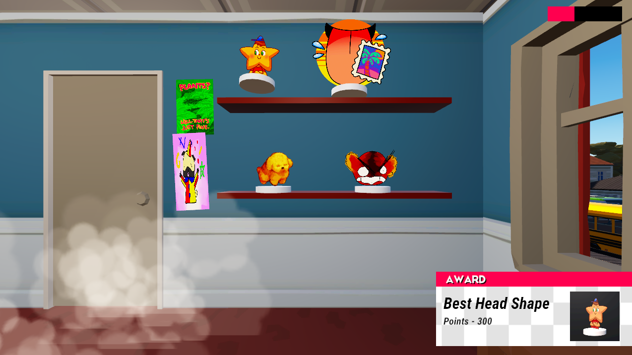 A screenshot of the game showing a shelf in the middle of being loaded with some weirdly specific trophies.