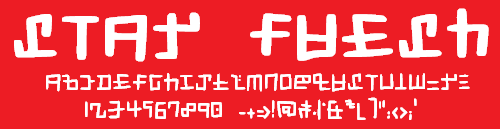 A demonstration of the font on a red background. The letters are handwritten and messy, using glyphs that vaguely resemble a cross between latin letters and Japanese, based on the text from Splatoon.