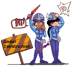 Mihoshi and Kiyone from Tenchi Muyo dressed in uniform beside a sign reading Under Construction